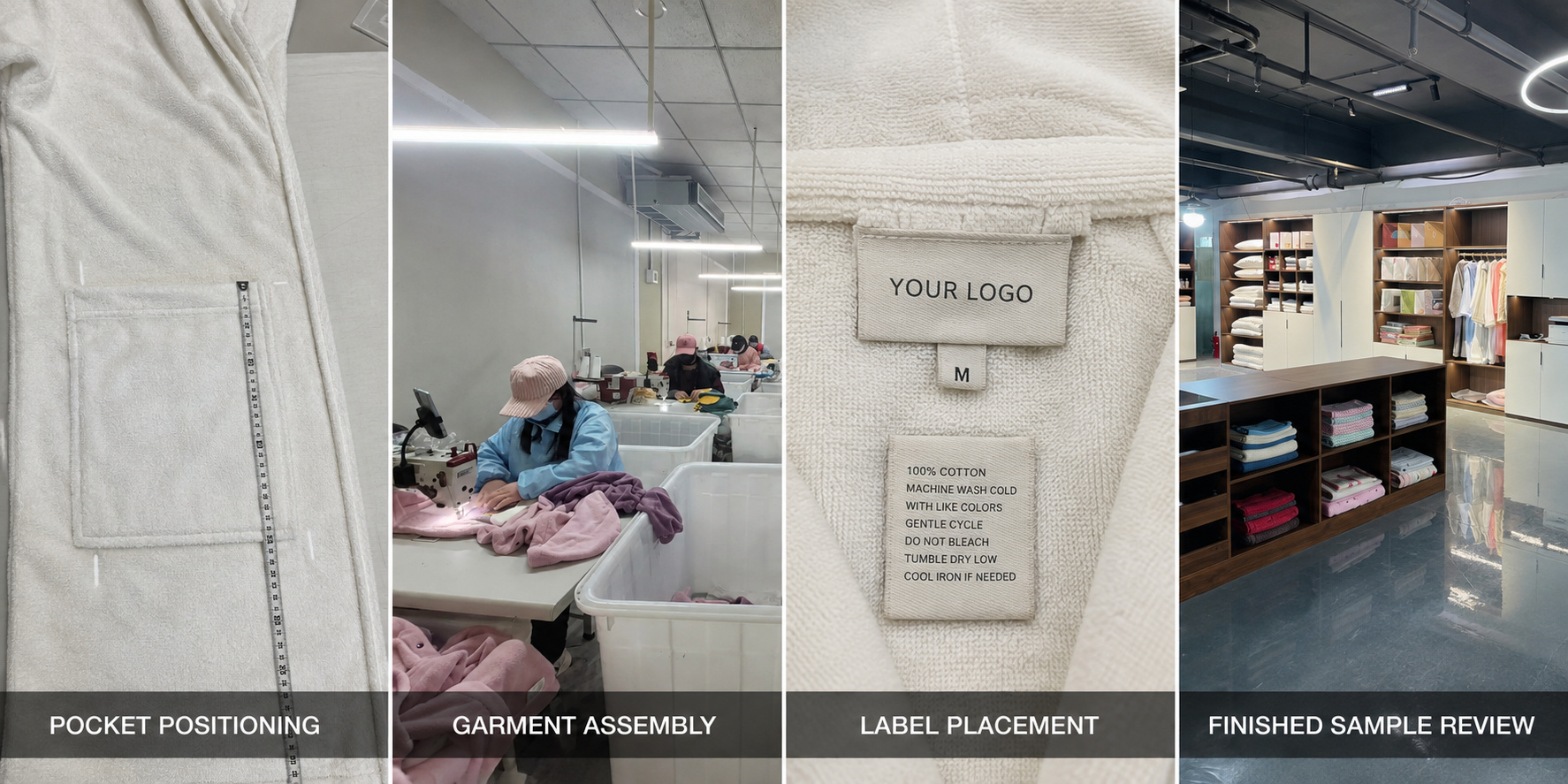 Bathrobe assembly and label placement checks