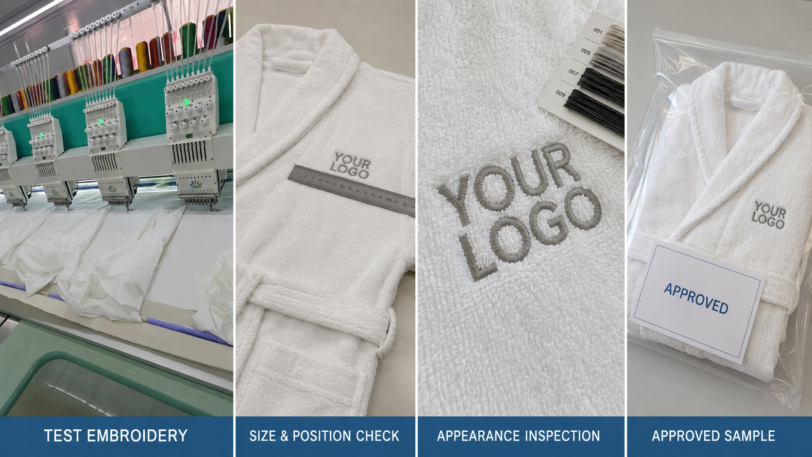 Bathrobe embroidery testing, logo inspection and approved sample
