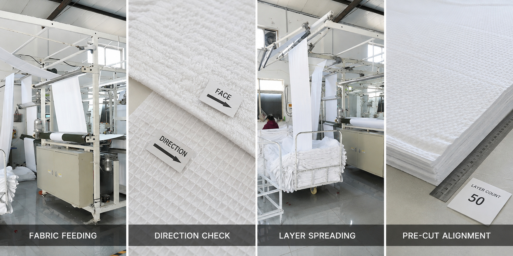 Bathrobe fabric spreading and pre-cut alignment