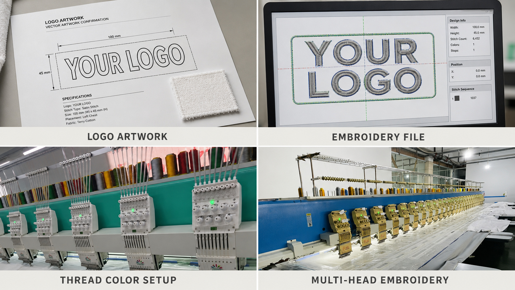 Bathrobe logo artwork, embroidery file, thread color setup and multi-head embroidery process