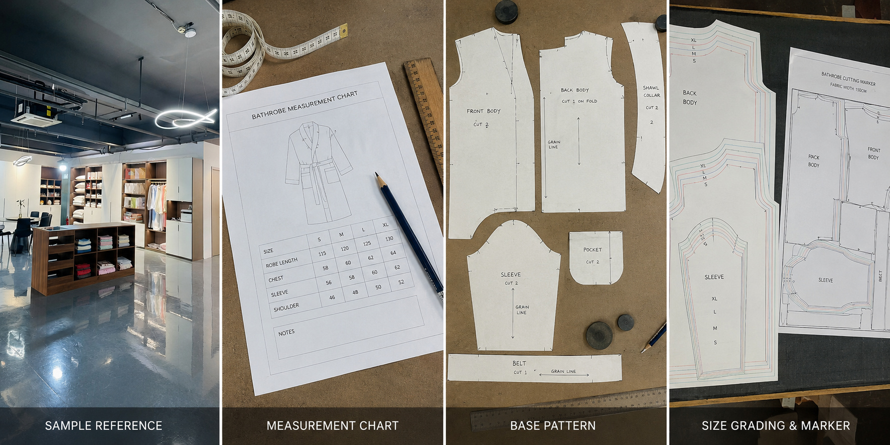 Bathrobe pattern making and size grading process
