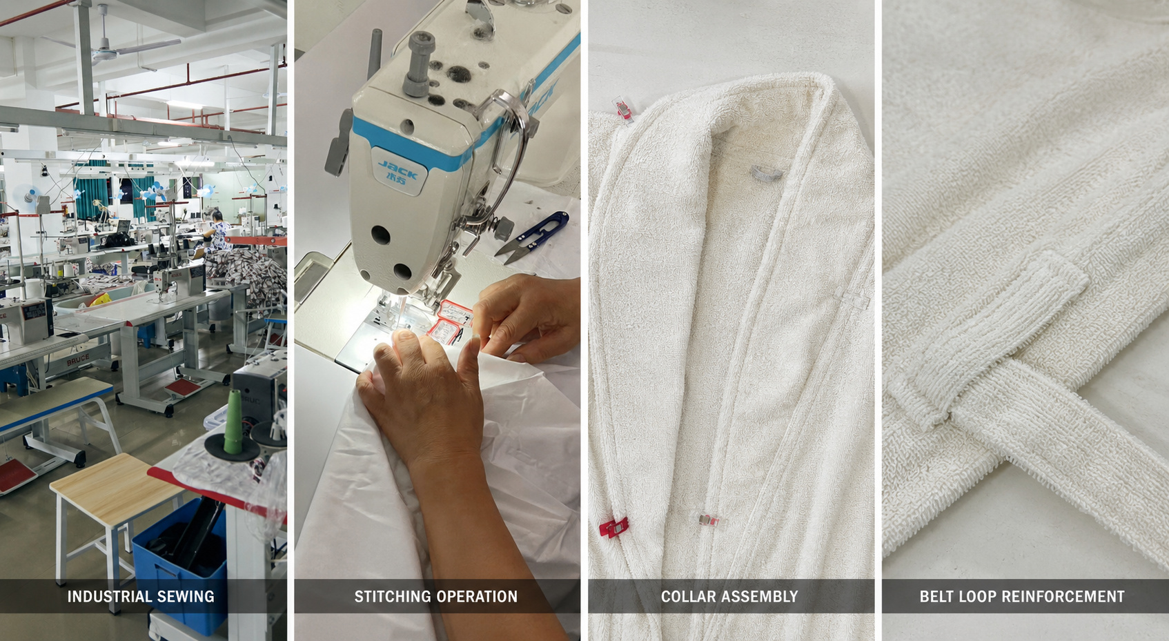 Bathrobe sewing and construction assembly process