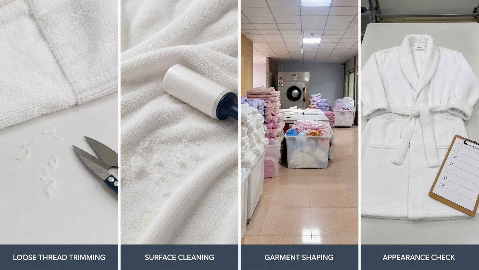 Bathrobe thread trimming, surface cleaning and appearance inspection